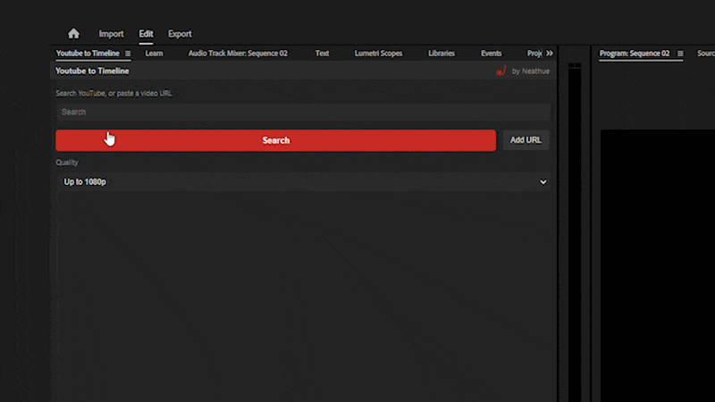 YouTube to Timeline plugin searching and dragging a clip onto the Premiere Pro timeline